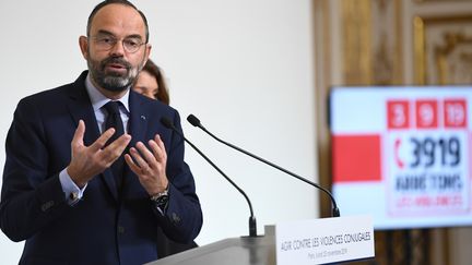 Le Premier ministre Edouard Philippe présente les conclusions du "Grenelle contre les violences conjugales", lundi 25 novembre. (STEPHANE DE SAKUTIN / AFP)