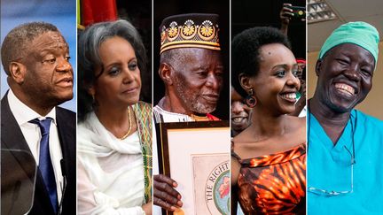 De gauche à droite, le Congolais Denis Mukwege,&nbsp; l'Ethiopienne Sahle-Work Zewde, le Burkinabè Yacouba Sawadogo, la Rwandaise Diane Rwigara et le Sud-Soudanais Evan Atar Adaha. Ces personnalités africaines se sont distinguées en 2018.&nbsp; (AFP/HCR)