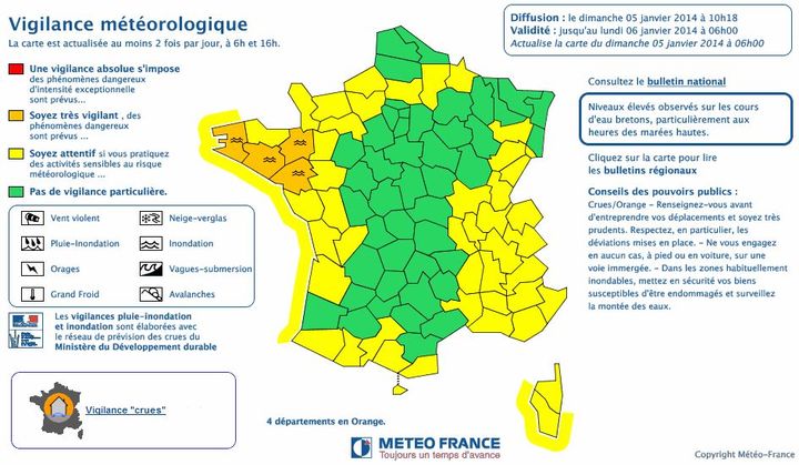 Quatre d&eacute;partements, le Finist&egrave;re, l'Ille-et-Vilaine, le Morbihan et la Loire-Atlantique sont en vigilance orange "crues". (METEO FRANCE)