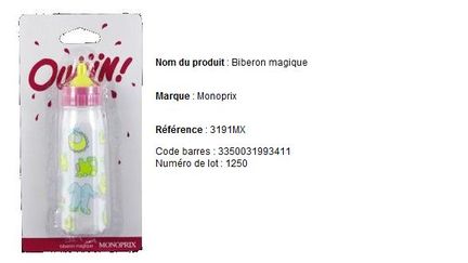 Le biberon-jouet rappel&eacute; par Monoprix, jeudi 9 ao&ucirc;t 2012. (FTVI / DGCCRF)