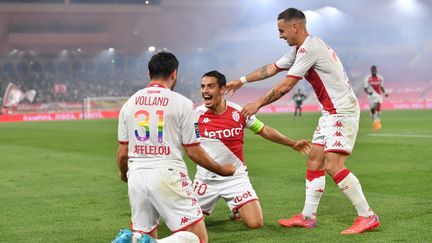 Auteur d'un triplé conre Brest, Wissam Ben Yedder a porté Monaco contre les Bretons lors de la 37e journée de Ligue 1, le 14 mai 2022. (SYLVAIN THOMAS / AFP)