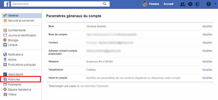 Cette option est accessible depuis l'onglet "Publicités" du menu "Paramètres". (FACEBOOK.COM)