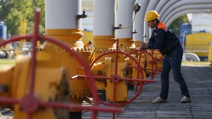 Un employ&eacute; dans un site de stockage de gaz &agrave; Stry&iuml;, dans l'ouest de l'Ukraine, le 21 mai 2014. (GLEB GARANICH / REUTERS)