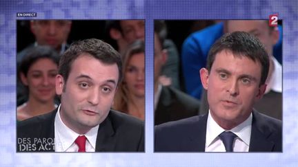 Florian Philippot et Manuel Valls lors de l'&eacute;mission "Des paroles et des actes" sur France 2, le 6 f&eacute;vrier.&nbsp; ( FRANCE 2)