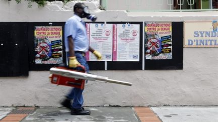 A Rivière-Pilote, en Martinique, un adjoint sanitaire va diffuser un anti-moustique pour enrayer la dengue (17/08/2010). (AFP/PATRICE COPPEE)