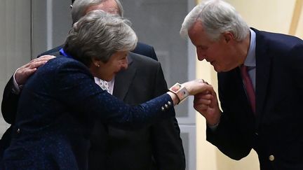 Theresa May, Première ministre britannique est saluée par Michel Barnier, négociateur européen au Parlement européen à Bruxelles (Belgique), le 24 novembre 2018. (PHILIPPE LOPEZ / AFP)