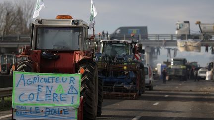 Des tracteurs bloquent l'autoroute A64 près de Toulouse, le 22 janvier 2024. (VALENTINE CHAPUIS / AFP)