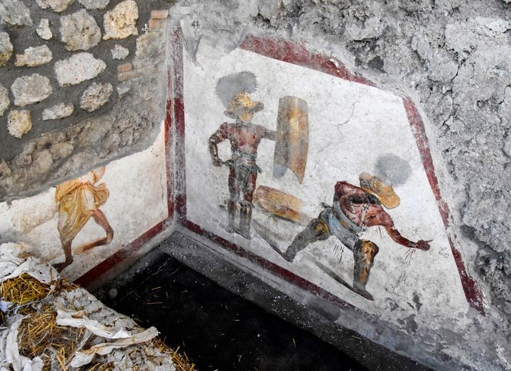 Une fresque ensevelie depuis 20 siècles découverte lors de fouilles dans un antique sous-sol de la ville de Pompéi.&nbsp; (HANDOUT / PRESS OFFICE OF THE POMPEI ARCHA)