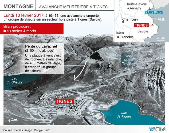 Avalanche meurtrière à Tignes, le 13 février 2017. (VISACTU)