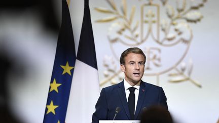 Emmanuel Macron lors d'un discours à l'Elysée (Paris) le 29 octobre 2021 (STEPHANE DE SAKUTIN / POOL)