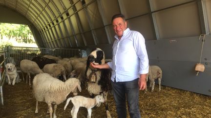 Nando Bonanni pose aves ses moutons, à Amatrice. Cet Italien possède un restaurant dans un hameau voisin, qui doit rouvrir au mois d'octobre, si out va bien. Mais les touristes manquent depuis le drame et la zone souffre économiquement. (ANNETTE REUTHER / DPA)