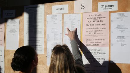 Des lycéens&nbsp;consultent les résultats du baccalauréat, à La Possession (La Réunion), en 2016.&nbsp; (RICHARD BOUHET / AFP)