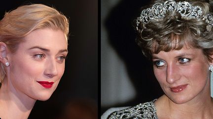 A gauche, Elizabeth Debicki à l'avant première du film "Les Veuves" à Toronto, en septembre 2018. A droite, la princesse Diana pendant un banquet à Delhi (Inde), en 1992.&nbsp; (Geoff Robins / AFP / HUSSEIN ANWAR/SIPA)