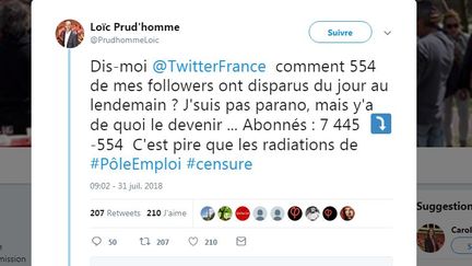 Capture d'écran du compte Twitter de Loïc Prud'homme, député La France insoumise de Gironde, le 31 juillet 2018. (TWITTER / FRANCEINFO)