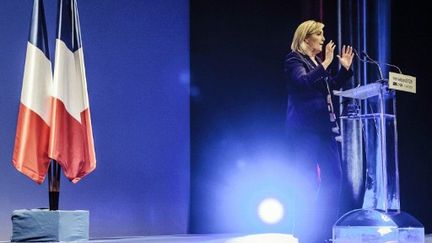 Marine Le Pen en meeting le 7 avril. (JEAN-PHILIPPE KSIAZEK / AFP)