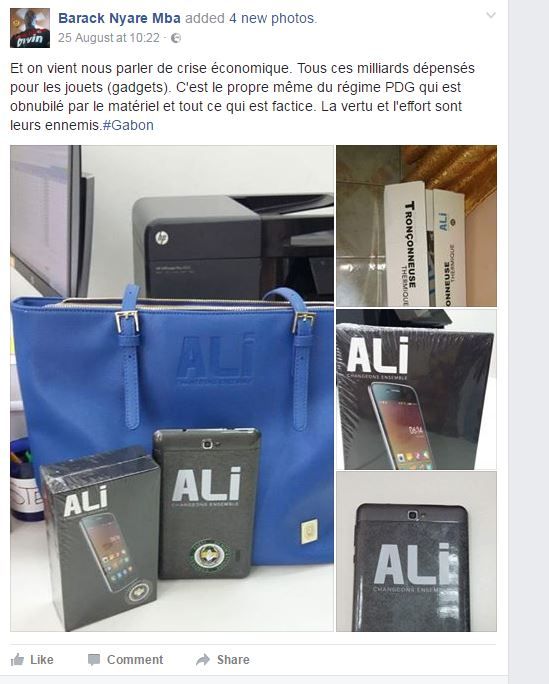 Capture écran du compte Facebook de Barack Nyare Mba, sur les cadeaux distribués par Ali Bongo durant la campagne présidentielle, le 25 août 2016. (BARACK NYARE MBA)