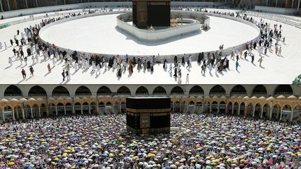 En haut, la&nbsp;Kaaba de La Mecque (Arabie Saoudite) le 7 mars 2020. En bas, le même lieu photographié en août 2019. (ABDEL GHANI BASHIR / AFP)