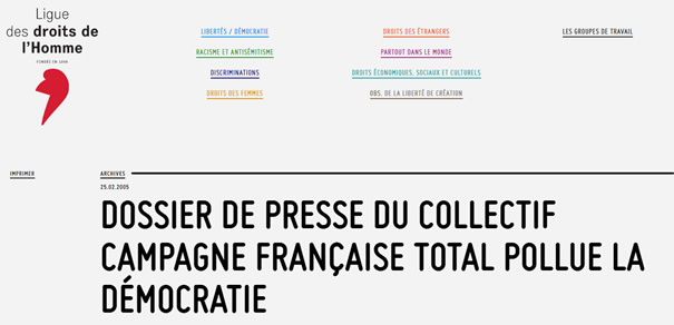 Capture d'écran d'un dossier de presse publié sur le site de la LDH et qui dénonce les pratiques de Total.&nbsp; (LIGUE DES DROITS DE L'HOMME)