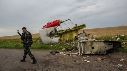 Des d&eacute;bris de la carcasse de l'avion de Malaysia Airlines qui s'est &eacute;cras&eacute; en Ukraine, le 18 juillet 2014, dans la r&eacute;gion de Donetsk (Ukraine). (ANDREY STENIN / RIA NOVOSTI / AFP)