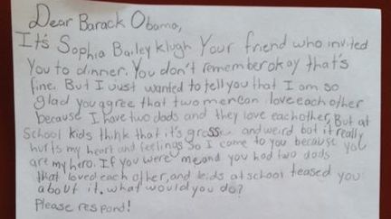 Photo publi&eacute;e sur Facebook d'un courrier &eacute;crit par une fillette de 10 ans &agrave; Barack Obama. (DR)