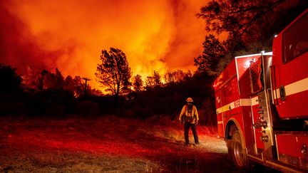 Un pompier du comté de Butte regarde les flammes, à Oroville (Californie), le 9 septembre 2020. (JOSH EDELSON / AFP)