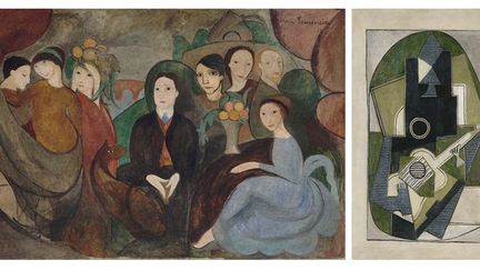 A gauche, Marie Laurencin, "Apollinaire et ses amis", 1909, Paris, Centre Georges Pompidou, Musée national d'art moderne - A droite, Pablo Picasso, "L'Homme à la guitare", 1918, Hambourg, Hamburger Kinsthalle
 (A gauche © Marie Laurencin - Fondation Foujita © Centre Pompidou, MNAM-CCI, dist RMN-Grand Palais / Jean-Claude Planchet © ADAGP, Paris 2016 - A droite © BPK, Berlin, Dist. RMN-Grand Palais / image BPK © Succession Picasso 2016)