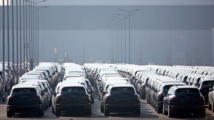 Des Porsche Cayenne garées sur le parking d'une usine Porsche à&nbsp;Leipzig, en Allemagne,&nbsp;en mars 2016. (Photo d'illustration) (JAN WOITAS / DPA / AFP)