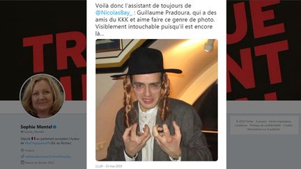 L'eurodéputée Sophie Montel a diffusé, le 15 mai 2019, une photo de l'assistant parlementaire de Nicolas Bay "déguisé" en juif.&nbsp; (TWITTER / SOPHIE MONTEL)