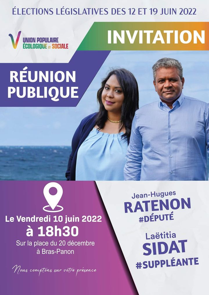 Affiche de Jean-Hugues Ratenon pour une réunion publique avant le premier tour des législatives. (Jean-Hugues Ratenon)