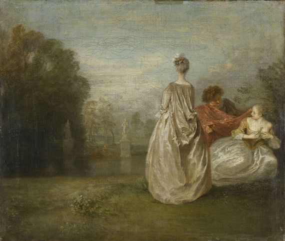 Antoine Watteau,&nbsp;"Les Deux Cousines", (vers 1716). Huile sur toile, 30 x 36 cm. Paris, mus&eacute;e du Louvre. (RMN-GRAND PALAIS (MUSÉE DU LOUVRE) - STÉPHANE MARÉCHALLE)