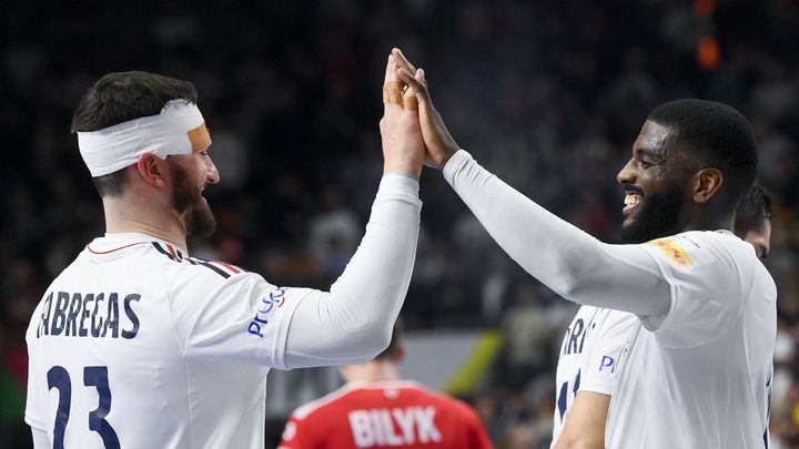 Ludovic Fabregas et Dika Mem se félicitent lors du match entre la France et l'Autriche à l'Euro 2024 de handball. (MAXPPP)