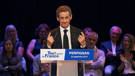 Nicolas Sarkozy lors d'un meeting à Perpignan (Pyrénées-Orientales), le 24 septembre 2016. (RAYMOND ROIG / AFP)