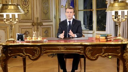 Le président de la République Emmanuel Macron s'adresse aux Français le 10 décembre 2018, (LUDOVIC MARIN / POOL)