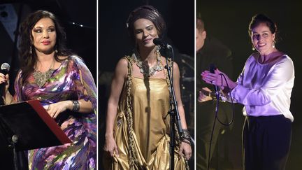 De gauche à droite, trois chanteuses sur scène à Paris : Natacha Atlas&nbsp;au Trianon (25 février 2016), Oum à la Cigale (22 septembre 2016), Souad Massi au Café de la Danse (15 octobre 2019) (Edmond Sadaka / Sipa)