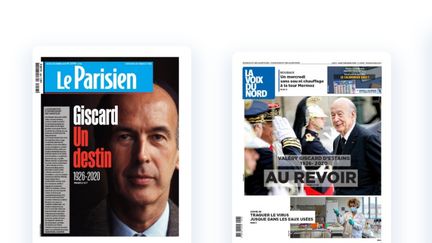 Capture d'écran des unes du "Parisien" et de "La Voix du Nord", après la mort de Valéry Giscard d'Estaing, le 3&nbsp;décembre 2020. (LE PARISIEN / LA VOIX DU NORD)