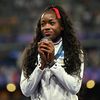 Cyréna Samba-Mayela, médaillée d'argent du 100 m haies, lors des Jeux de Paris, le 10 août 2024. (MARTIN BERNETTI / AFP)