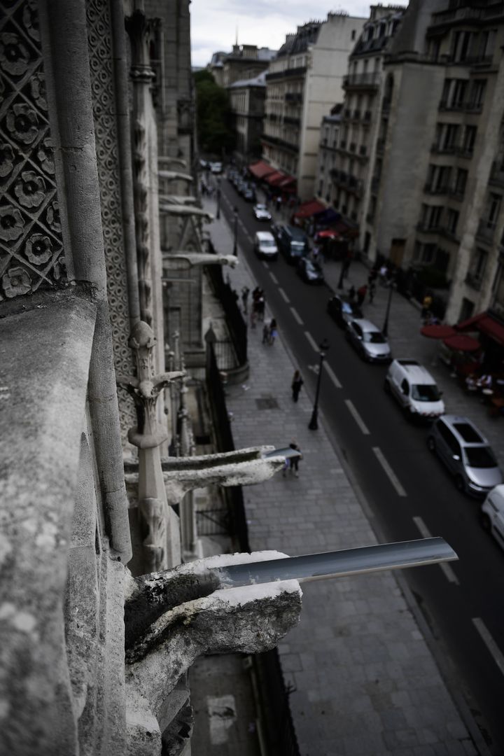 Des tubes de PVC remplacent des gargouilles disparues de la cathédrale Notre-Dame de Paris, le 28 juin 2017. (MARTIN BUREAU / AFP)