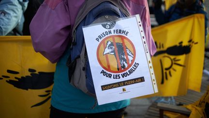 Des manifestants s'opposent aux confinement&nbsp;imposé&nbsp;imposé aux volailles de plein à cause de la grippe aviaire, le 12 décembre 2021 à Toulouse. (ALAIN PITTON / NURPHOTO / AFP)