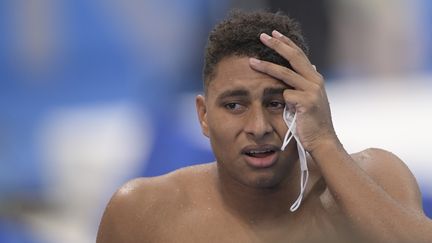 Le nageur français&nbsp;Yohann Ndoye-Brouard après da discalification lors&nbsp;de la demie-finale du 100m dos. (KEMPINAIRE STEPHANE / KMSP via AFP)