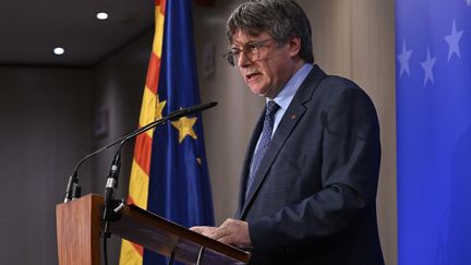 Independence leader Carles Puigdemont speaks in Brussels (Belgium) on September 5, 2023.  (John Thies/AFP)