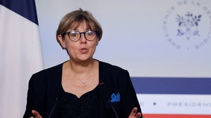 La ministre de l'Enseignement supérieur, Sylvie Retailleau, lors d'une conférence de presse à l'Elysée,&nbsp;à Paris, le 14 juin 2022. (LUDOVIC MARIN / AFP)