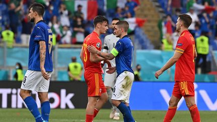 Après leur match, le 20 juin 2021, l'Italie et le pays de Galles sont qualifiés pour les huitièmes de finale de l'Euro.&nbsp; (ANDREAS SOLARO / POOL / AFP)