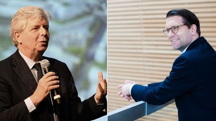 L'actuel directeur de l'Opéra de Paris, Stéphane Lissner (gauche), et son successeur, Alexander Neef (droite). (CHRISTOPHE ARCHAMBAULT / AFP // BO HUANG / CANADIAN OPERA COMPANY / AFP)