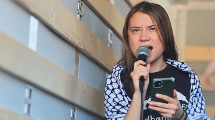 La militante suédoise pour le climat Greta Thunberg prononce un discours lors de la manifestation Fridays For Future à Milan (Italie), le 11 octobre 2024. (PIERO CRUCIATTI / AFP)