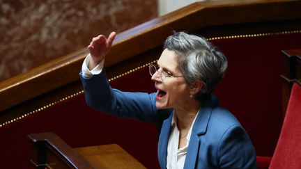 La députée écologiste de Paris, Sandrine Rousseau, prend la parole à l'Assemblée nationale, le 5 mars 2024. (EMMANUEL DUNAND / AFP)