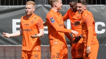 L'attaquant de Montpellier Stephy Mavididi célèbre son but face à Angers, le 4 avril 2021, mais son équipe n'a pas pu tenir son avantage au score. (JEAN-FRANCOIS MONIER / AFP)
