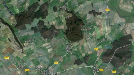 Capture d'&eacute;cran de la zone bois&eacute;e o&ugrave; une fosse commune a &eacute;t&eacute; d&eacute;couverte dans une for&ecirc;t &agrave; Tincry, pr&egrave;s de Delme (Moselle). ( GOOGLE MAPS)