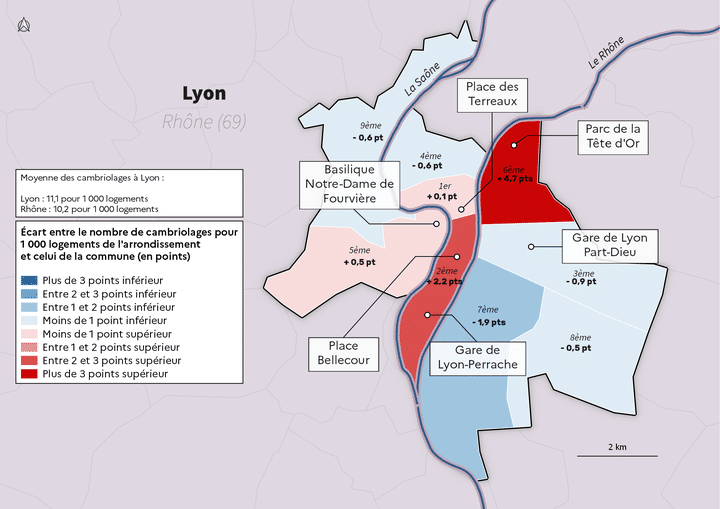 Cambriolages de logements enregistrés 
dans les arrondissements de Lyon en 2022 (SSMI)