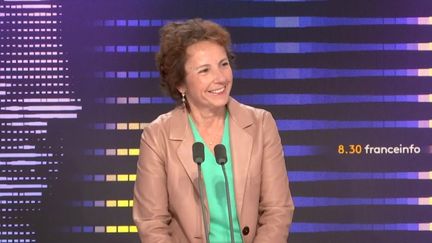 Marie-Ange Debon,&nbsp;présidente du directoire de Keolis, était l'invitée du "8h30 franceinfo", dimanche 8 janvier 2023. (FRANCEINFO / RADIOFRANCE)