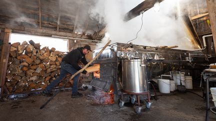 Un producteur de sirop d'érable dans sa cabane à sucre à Saint-Esprit au Québec, le 31 mars 2020 (BENEDICTE BROCARD / AFP)